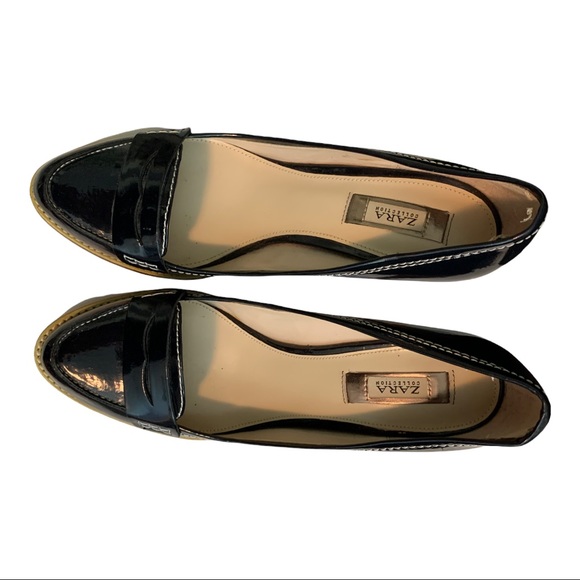 Zara patent leather heels, navy blue and wood heel - Picture 3 of 3